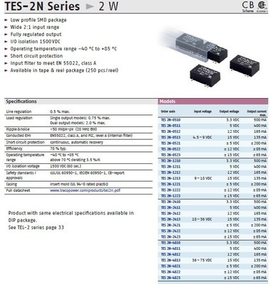 【TRACO POWER电源 TES-2N SERIES 2W】价格,厂家,图片,集成电路/IC,天津市泽沥电子科技-